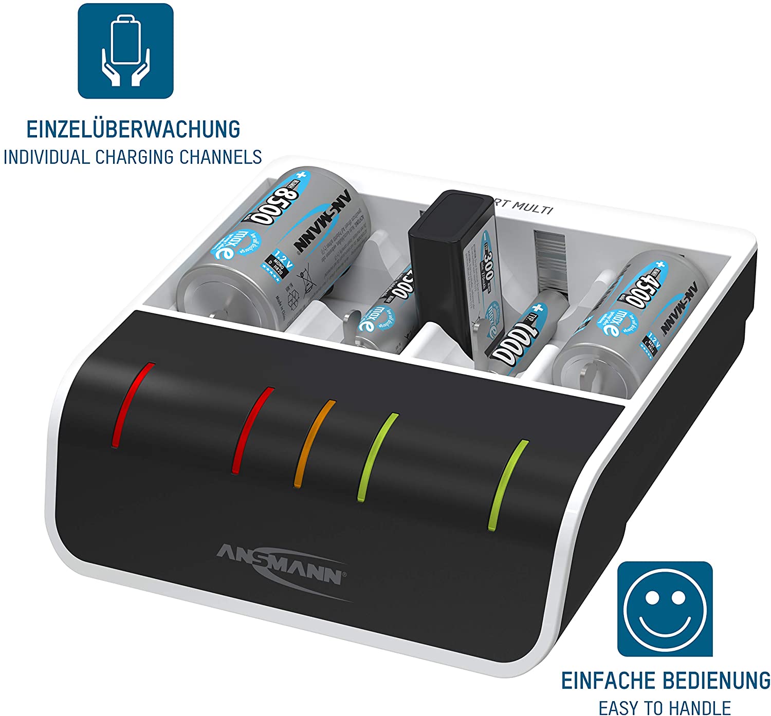 Ansmann Comfort Multi Battery Charger for 4X NiMH AA/AAA/C/D + 1x 9V Batteries - Perfect-7 Charging Technology With Repair Mode